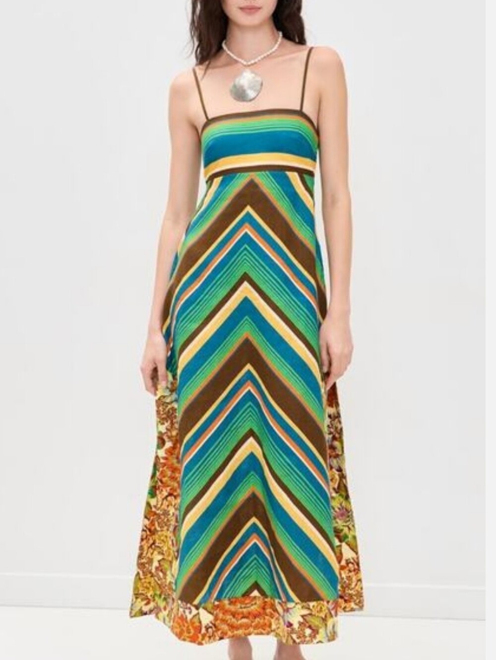 NWPT Alemais Multicolor Linen Chevron Maxi Dress in Green, Blue, Brown, Yellow 8